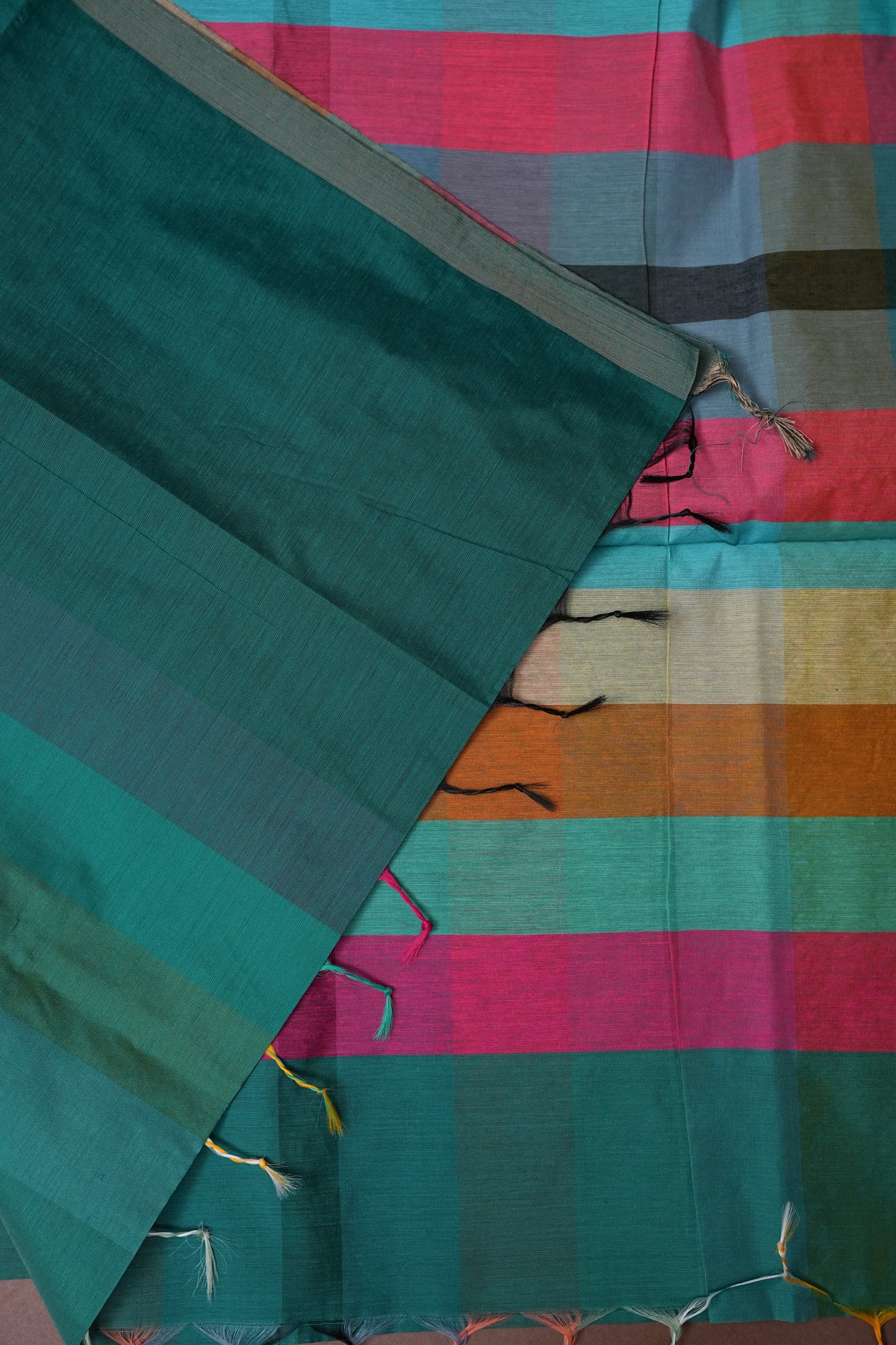 Checkered Cotton Saree - Turquoise Blue