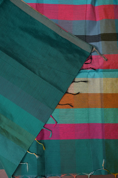 Checkered Cotton Saree - Turquoise Blue