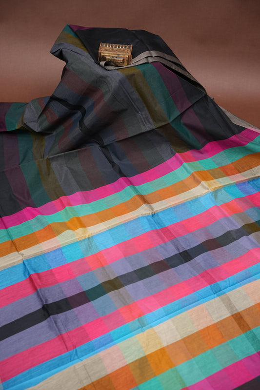 Checkered Cotton Saree - Black