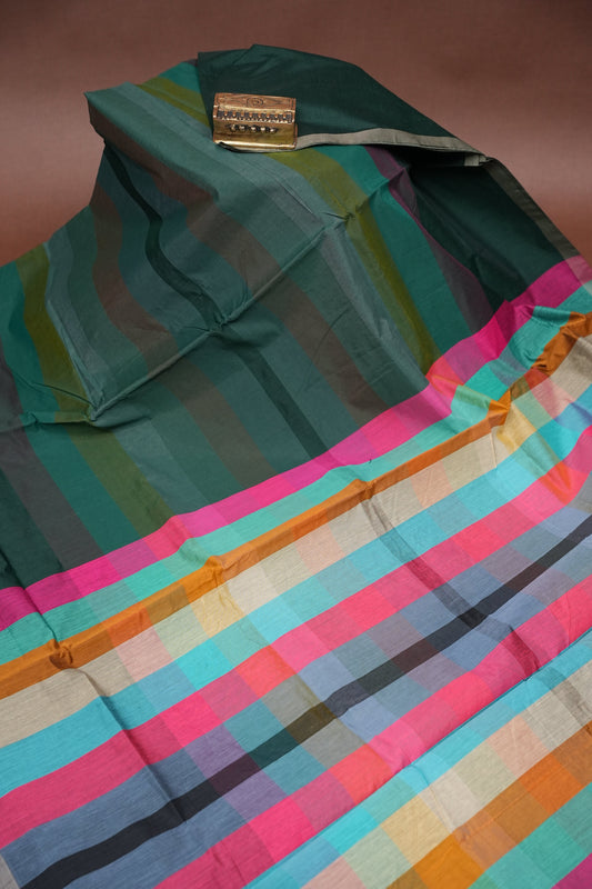 Checkered Cotton Saree - Bottle Green