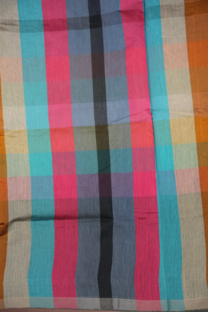 Checkered Cotton Saree - Bottle Green