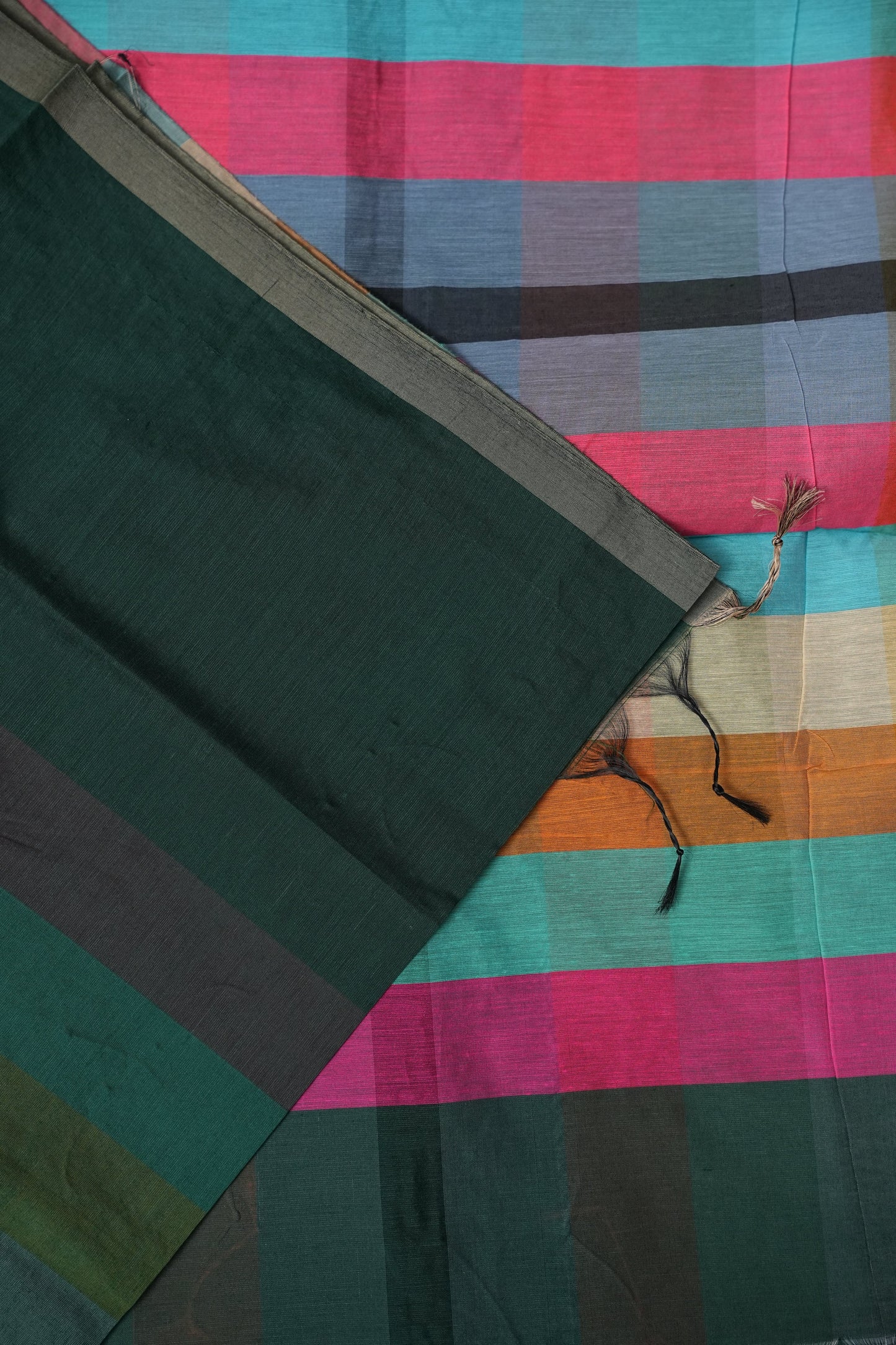 Checkered Cotton Saree - Bottle Green