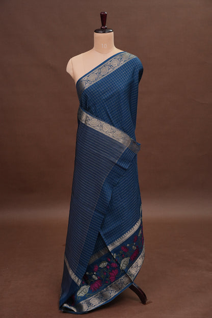 Crepe Silk Saree with Embroidered Border - Peacock Blue