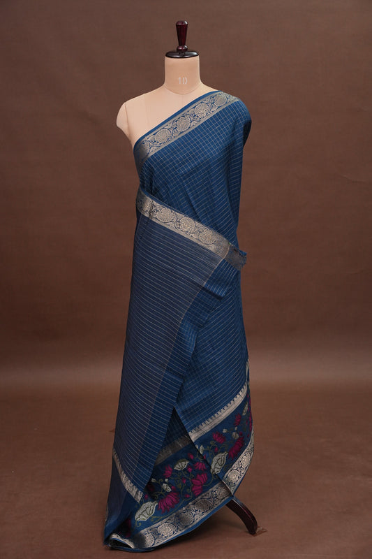 Crepe Silk Saree with Embroidered Border - Peacock Blue