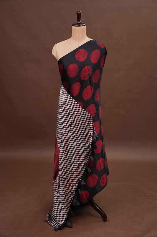 Pure Modal Silk Saree in Geometric Pattern – Black & Red