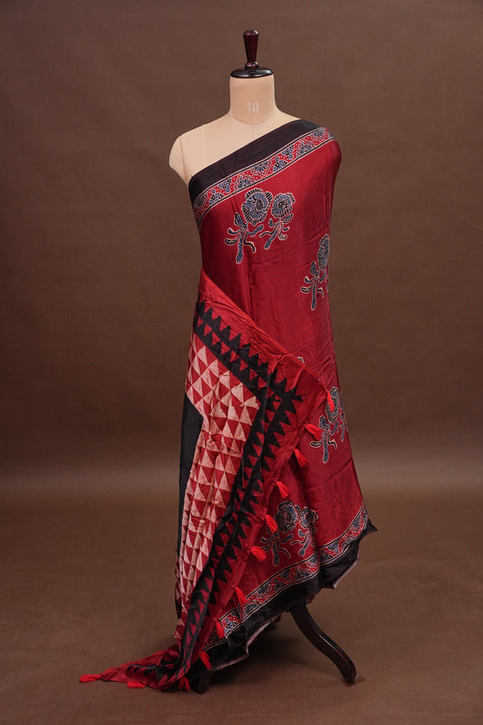 Pure Modal Silk Saree With Block Prints – Deep Red