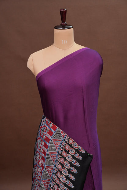 Pure Modal Silk Saree With Ajrakh Printed Pallu - Brinjal Purple