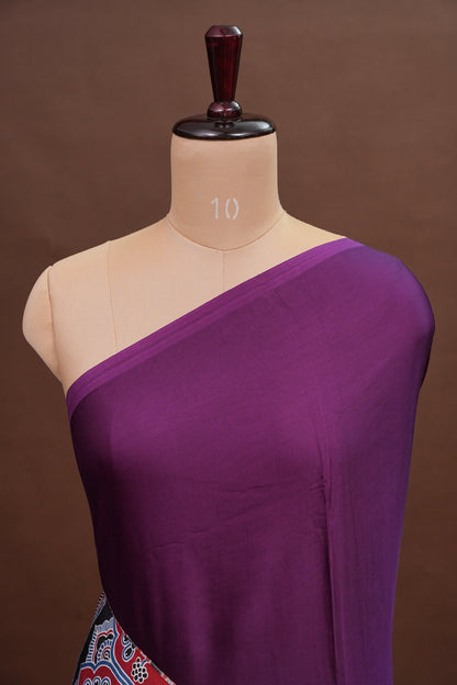 Pure Modal Silk Saree With Ajrakh Printed Pallu - Brinjal Purple