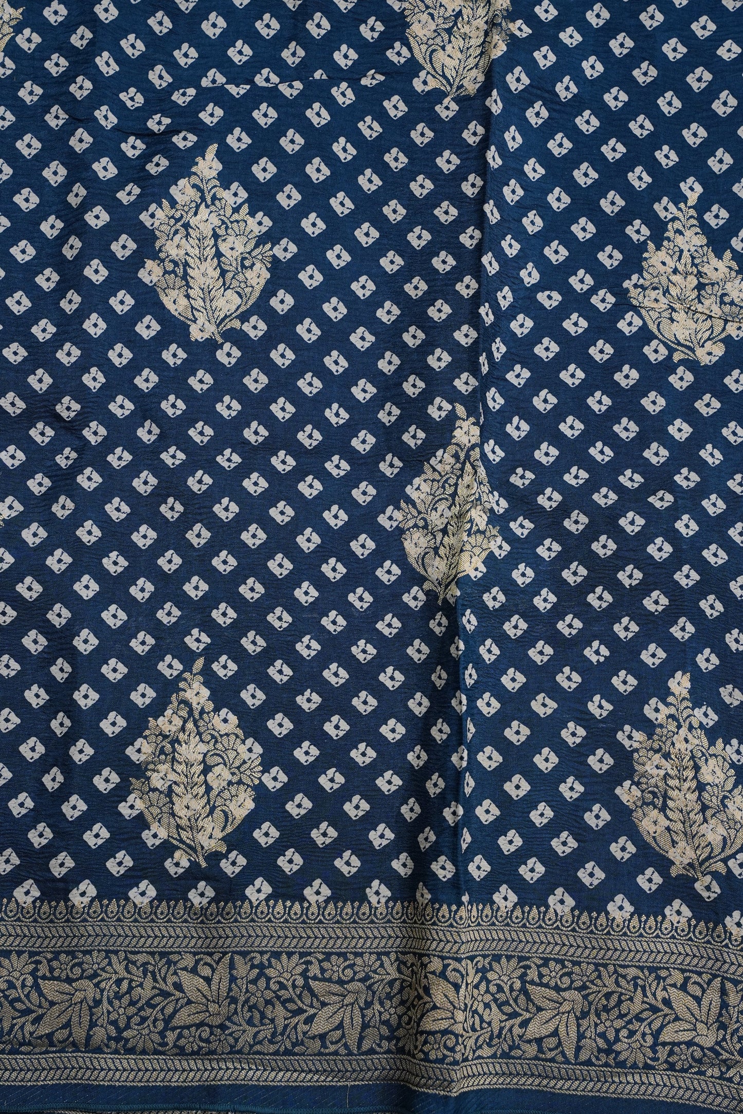 Crushed Munga Banarasi Saree with Bandhini Prints-Peacock Blue
