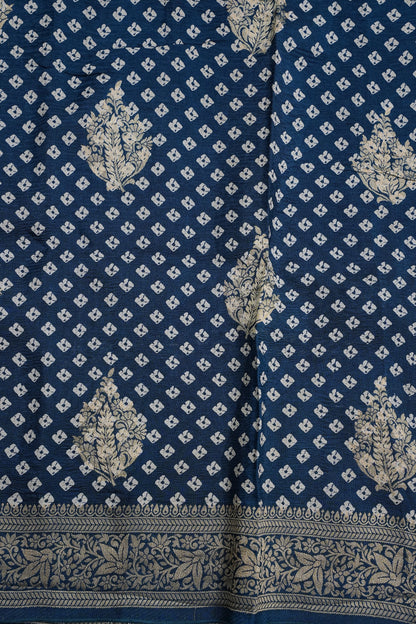 Crushed Munga Banarasi Saree with Bandhini Prints-Peacock Blue