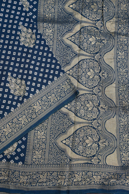 Crushed Munga Banarasi Saree with Bandhini Prints-Peacock Blue