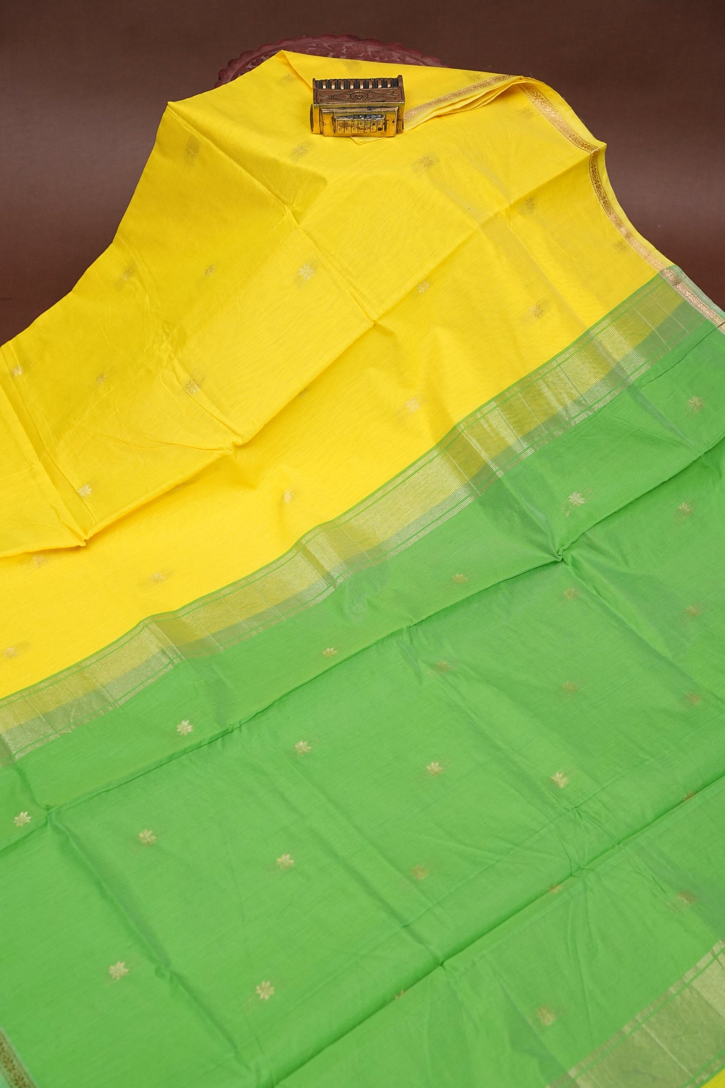 Maheshwari Silk Cotton Saree - Lemon Yellow and Green