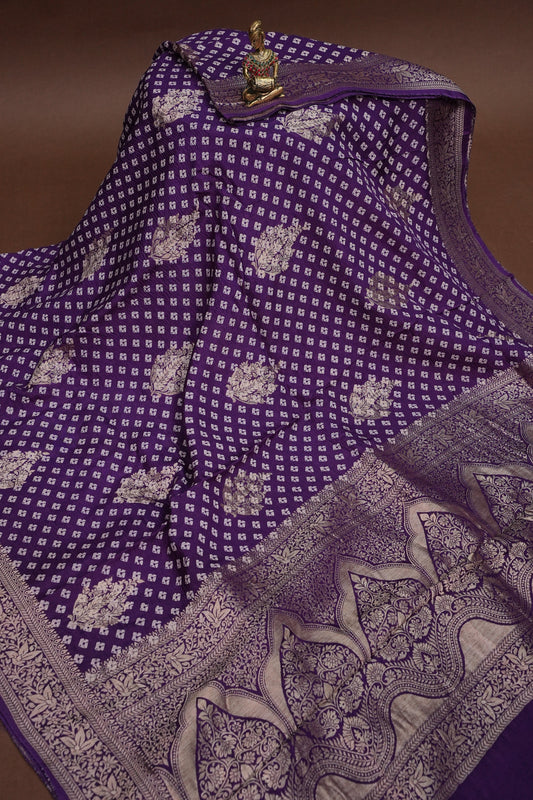 Crushed Munga Banarasi Saree with Bandhini Prints-Purple