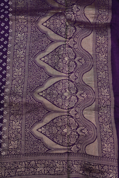 Crushed Munga Banarasi Saree with Bandhini Prints-Purple