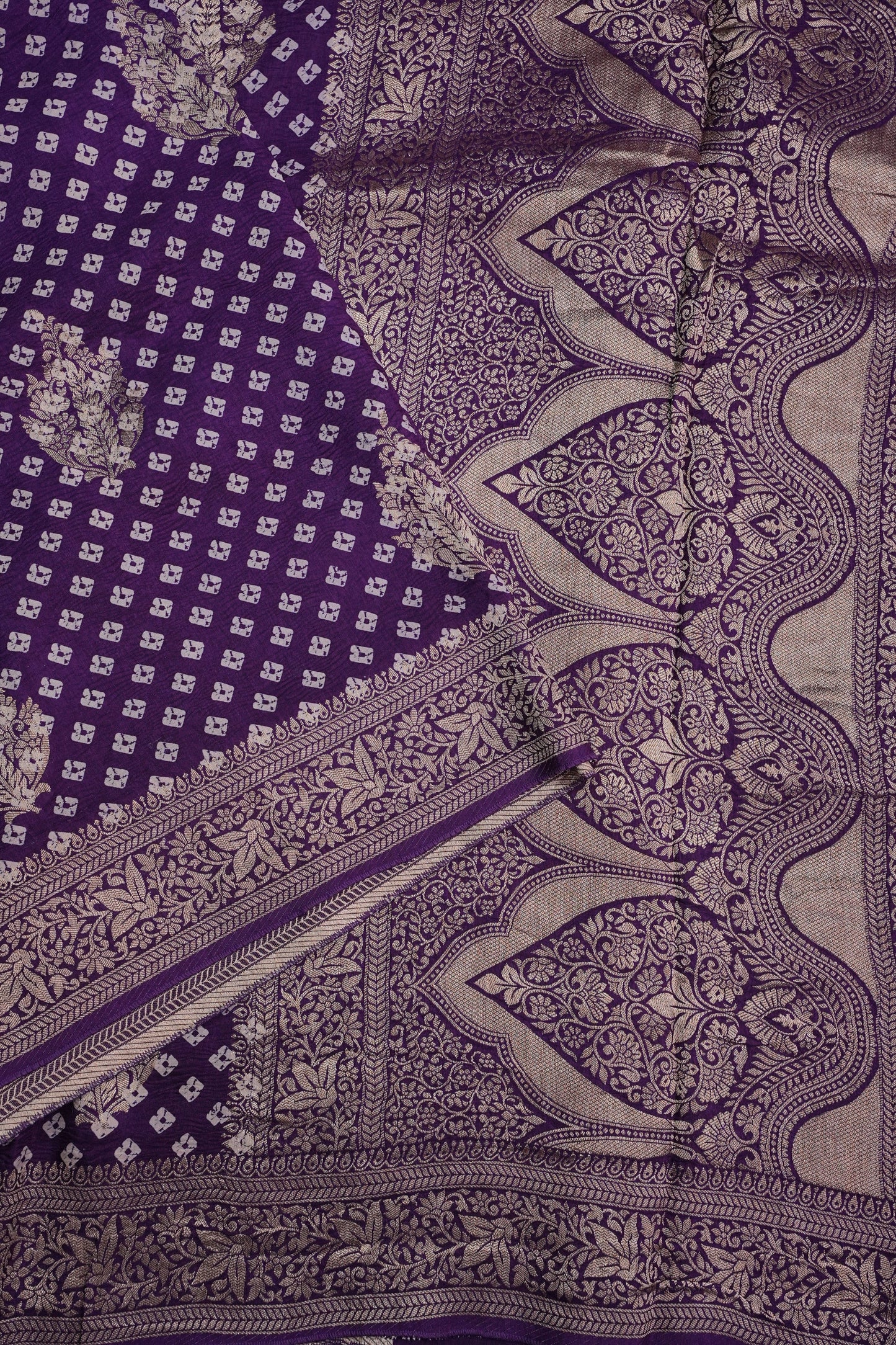 Crushed Munga Banarasi Saree with Bandhini Prints-Purple