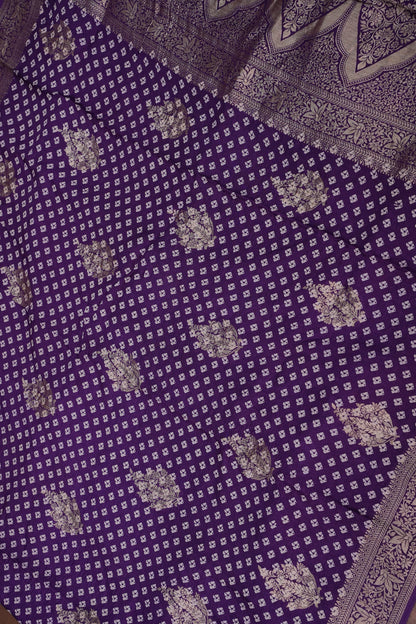 Crushed Munga Banarasi Saree with Bandhini Prints-Purple
