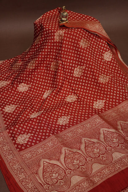 Crushed Munga Banarasi Saree with Bandhini Prints-Rust Orange