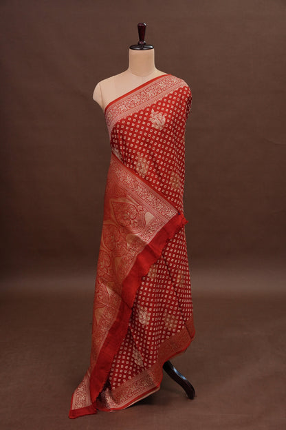 Crushed Munga Banarasi Saree with Bandhini Prints-Rust Orange