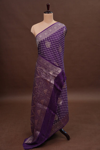 Crushed Munga Banarasi Saree with Bandhini Prints-Purple