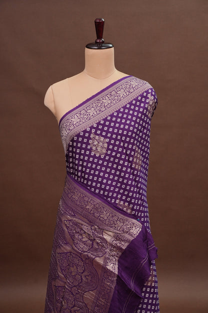 Crushed Munga Banarasi Saree with Bandhini Prints-Purple