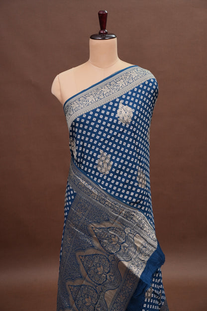 Crushed Munga Banarasi Saree with Bandhini Prints-Peacock Blue