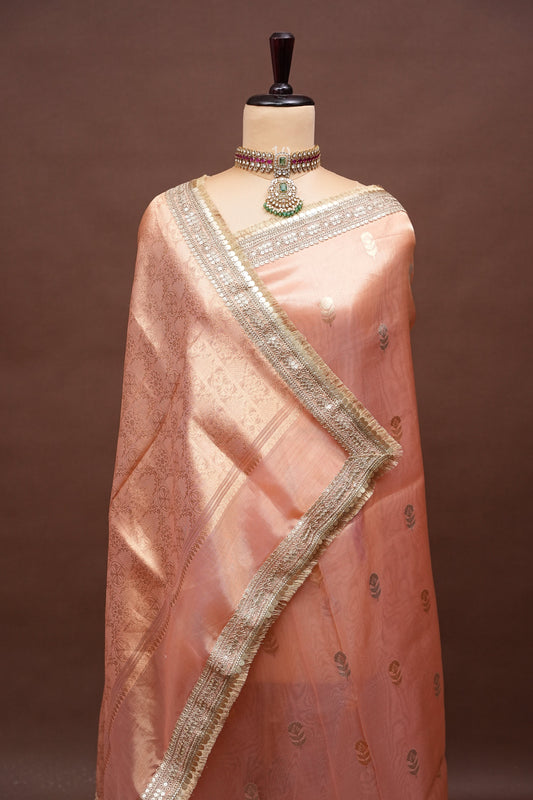 Peach Tissue Organza Pure Silk Saree