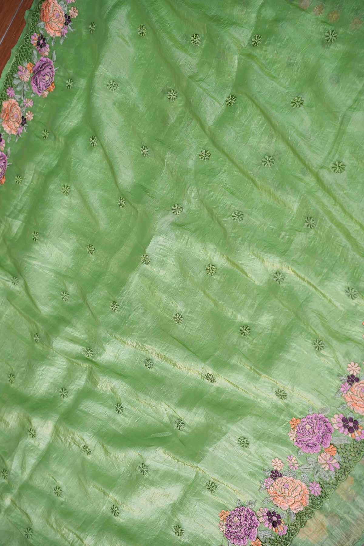 Soft Organza Glass Tissue Saree with Floral Cutwork Embroidery – Green