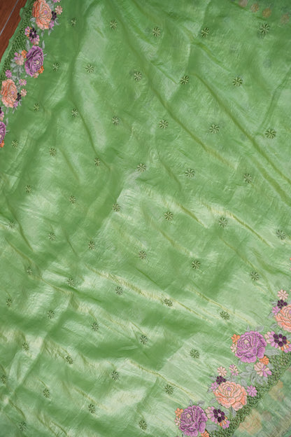 Soft Organza Glass Tissue Saree with Floral Cutwork Embroidery – Green