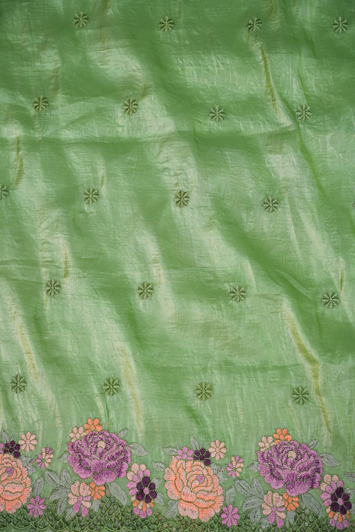 Soft Organza Glass Tissue Saree with Floral Cutwork Embroidery – Green