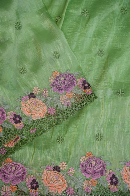 Soft Organza Glass Tissue Saree with Floral Cutwork Embroidery – Green