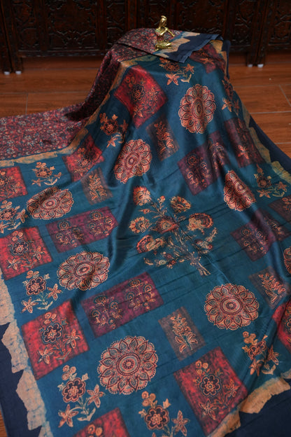Tussar Silk Saree with Vintage Kalamkari Digital Print – Midnight Blue