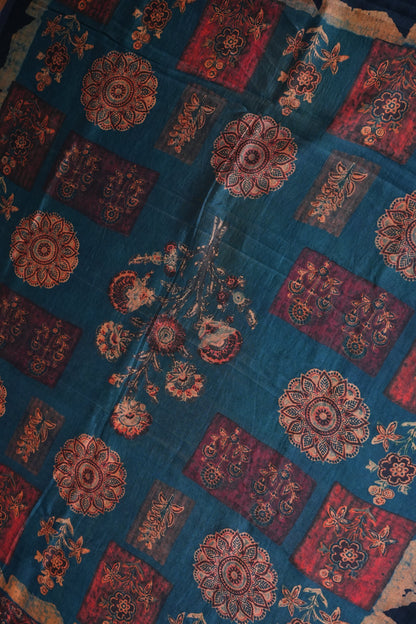 Tussar Silk Saree with Vintage Kalamkari Digital Print – Midnight Blue