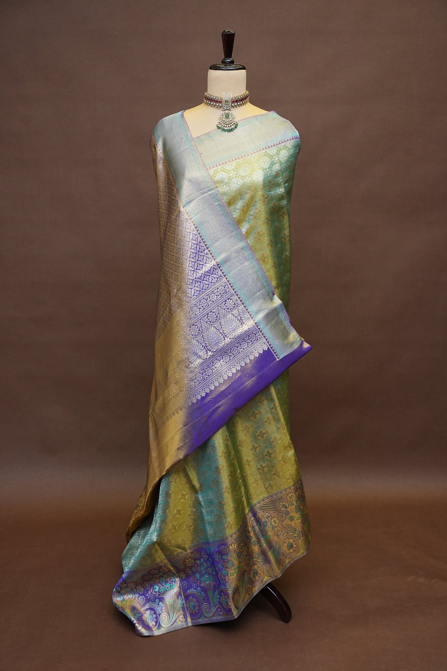 Olive Green & Royal Violet Pure Tissue Kanchipuram Silk Saree|Silk Mark Certified