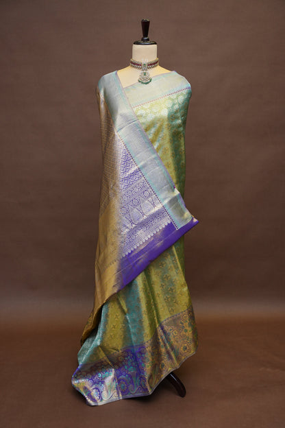 Olive Green & Royal Violet Pure Tissue Kanchipuram Silk Saree|Silk Mark Certified