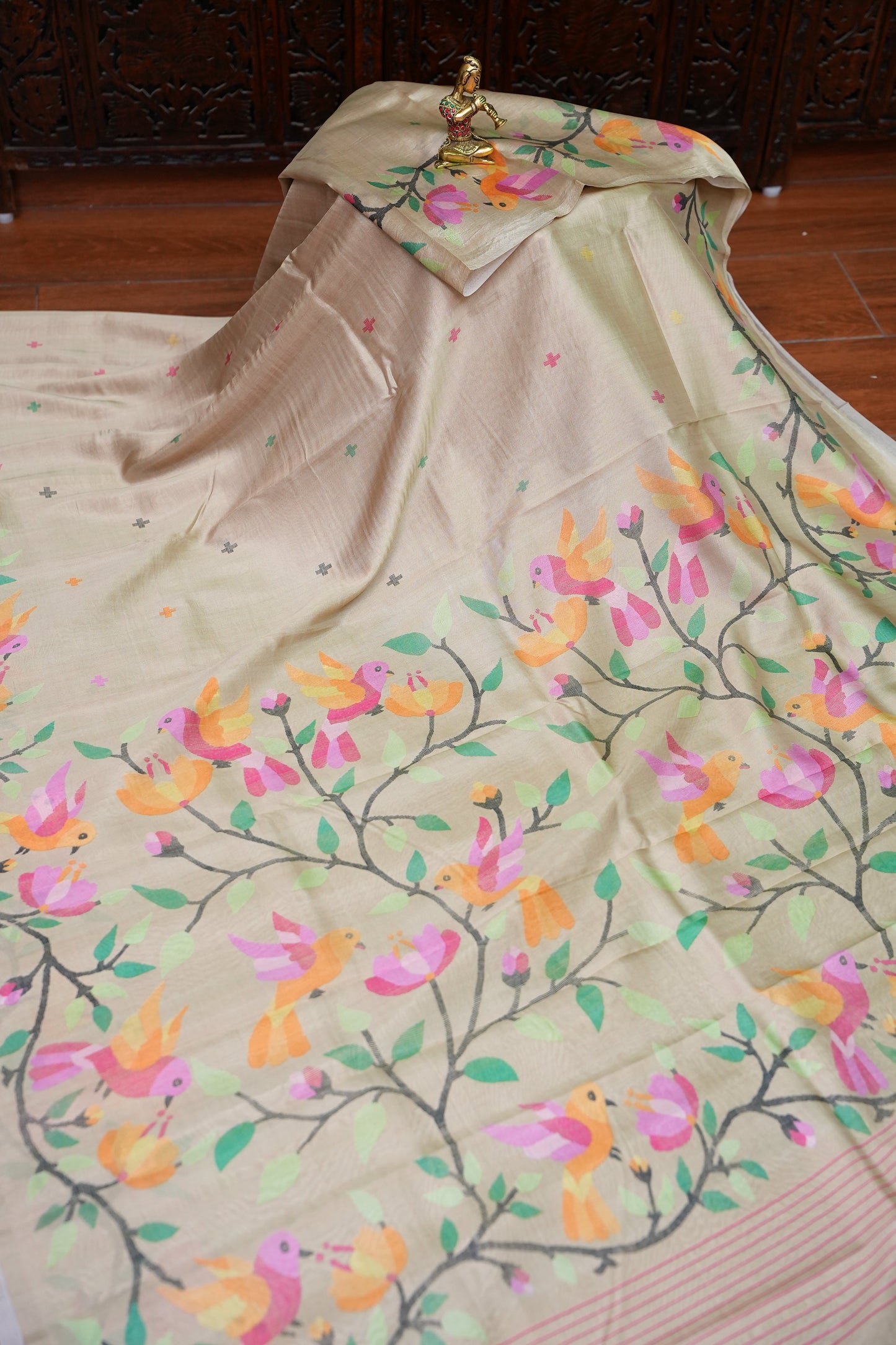 Tussar Silk Saree with Bird & Floral Kalamkari Digital Print – Beige Gold