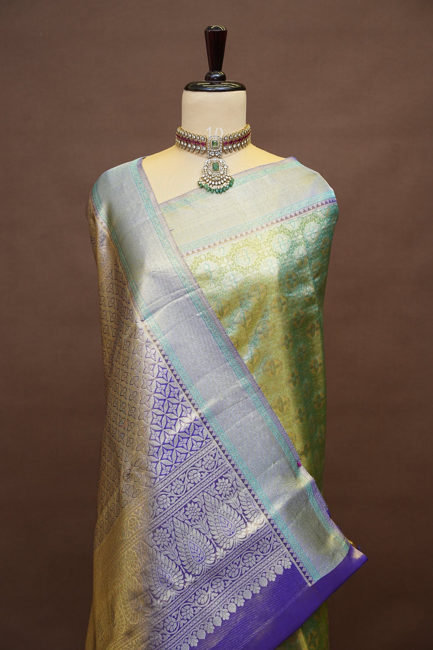 Olive Green & Royal Violet Pure Tissue Kanchipuram Silk Saree|Silk Mark Certified