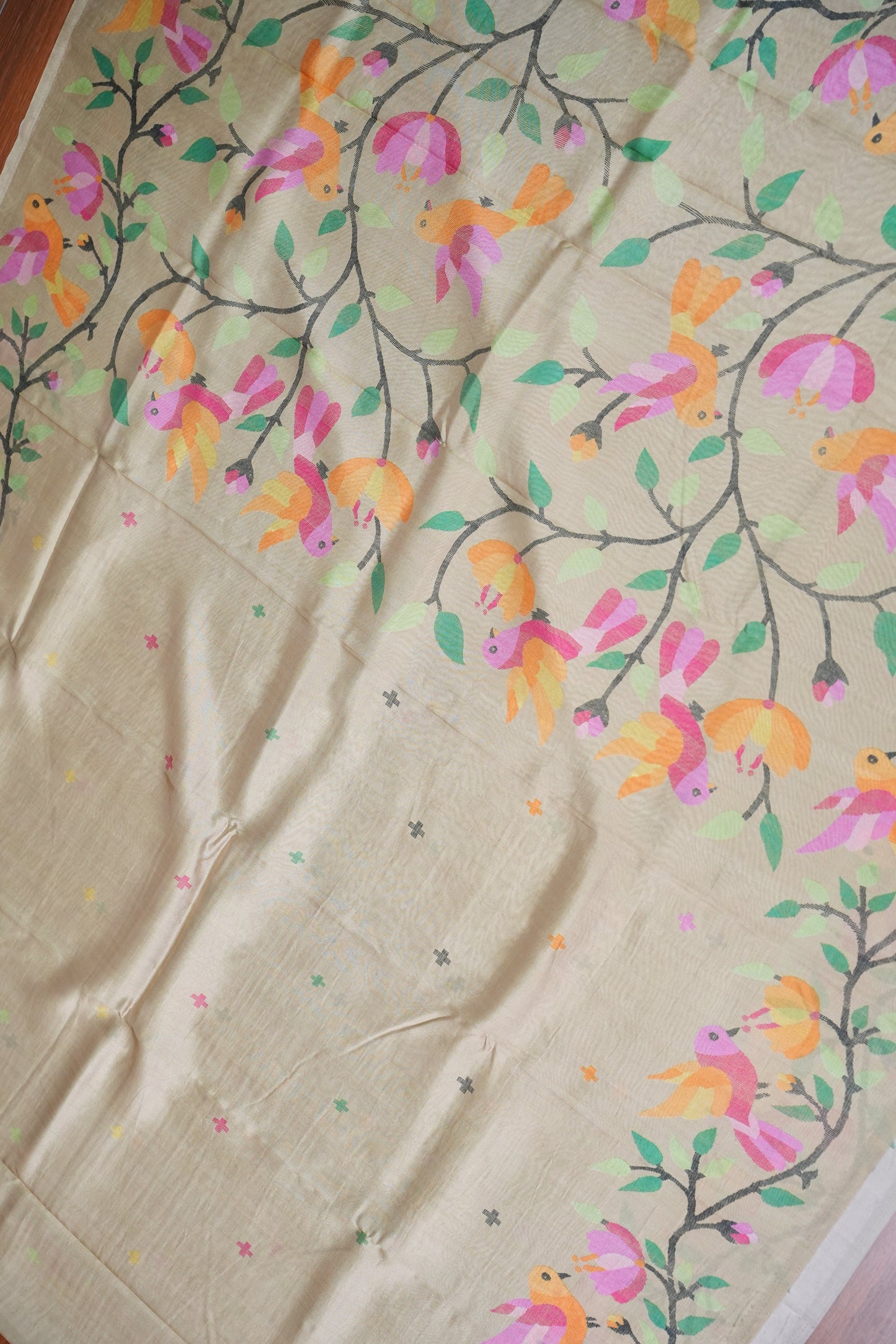 Tussar Silk Saree with Bird & Floral Kalamkari Digital Print – Beige Gold