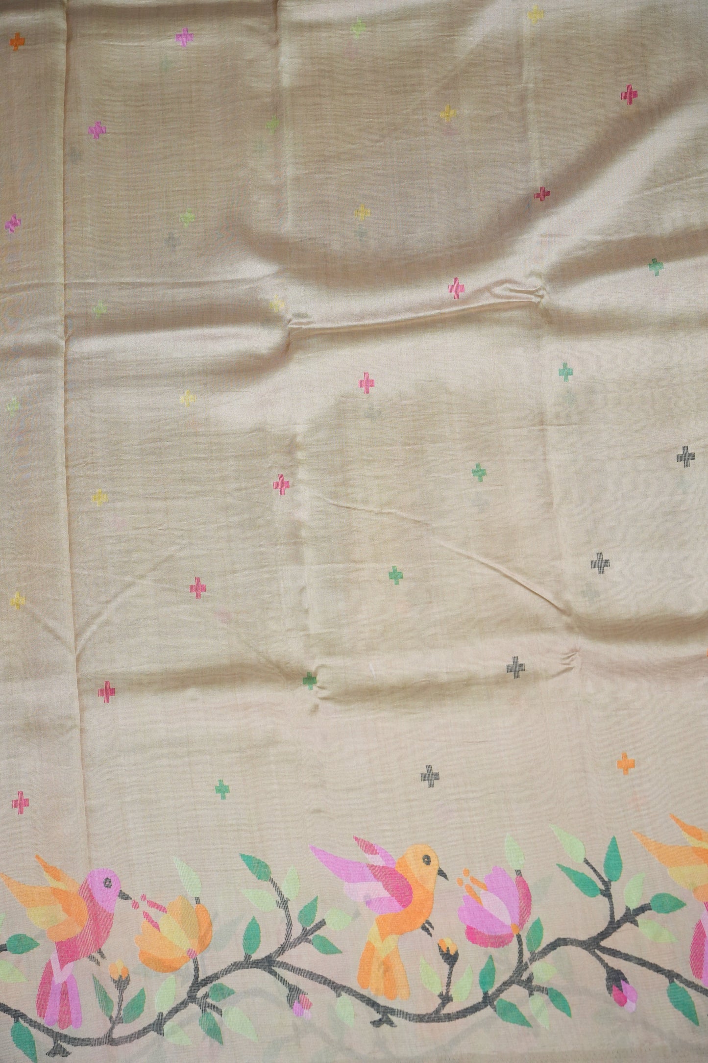 Tussar Silk Saree with Bird & Floral Kalamkari Digital Print – Beige Gold