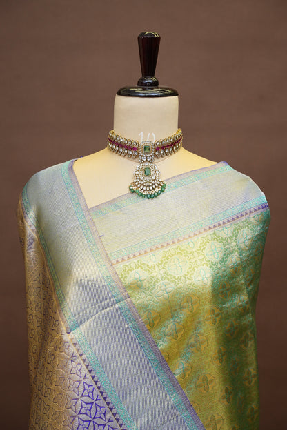 Olive Green & Royal Violet Pure Tissue Kanchipuram Silk Saree|Silk Mark Certified