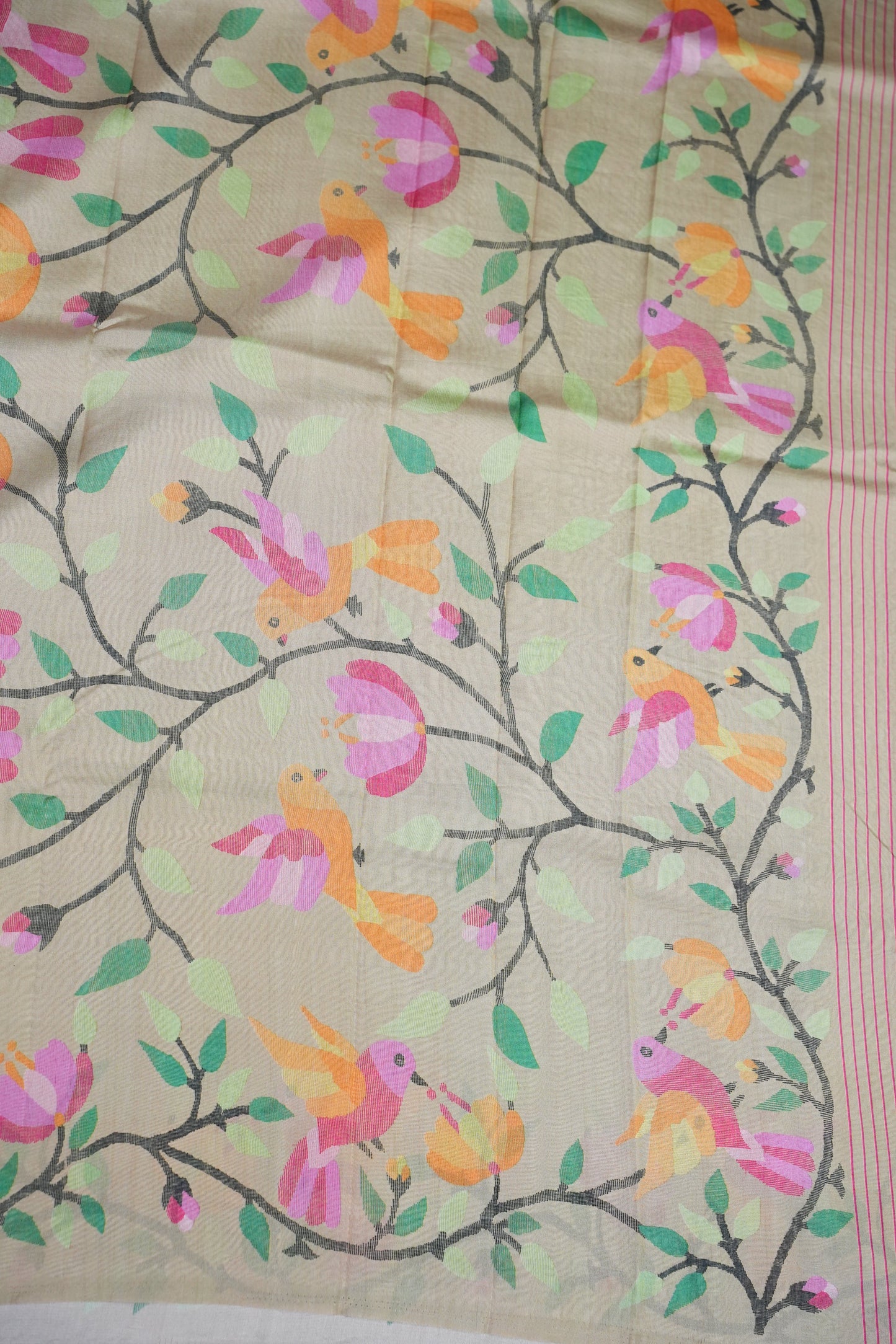 Tussar Silk Saree with Bird & Floral Kalamkari Digital Print – Beige Gold