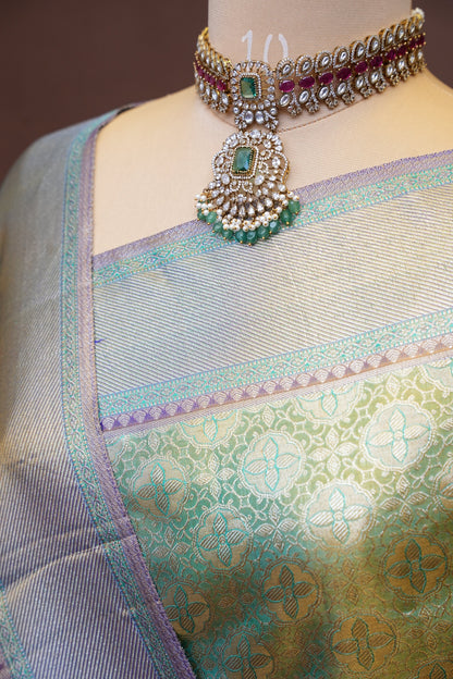 Olive Green & Royal Violet Pure Tissue Kanchipuram Silk Saree|Silk Mark Certified
