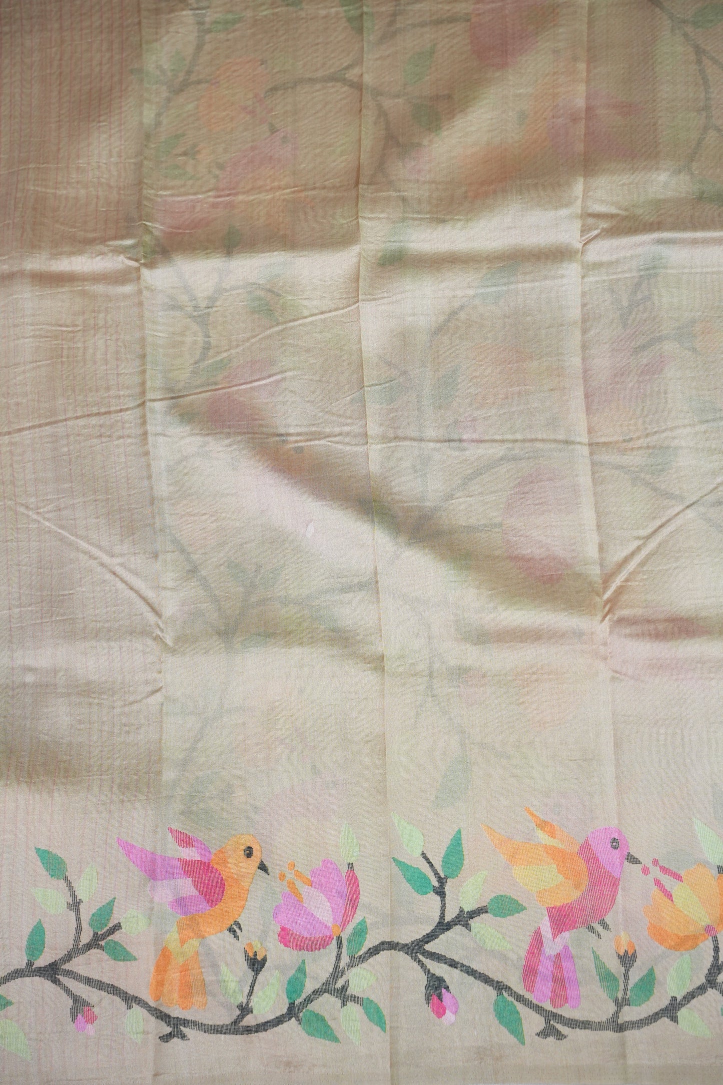 Tussar Silk Saree with Bird & Floral Kalamkari Digital Print – Beige Gold