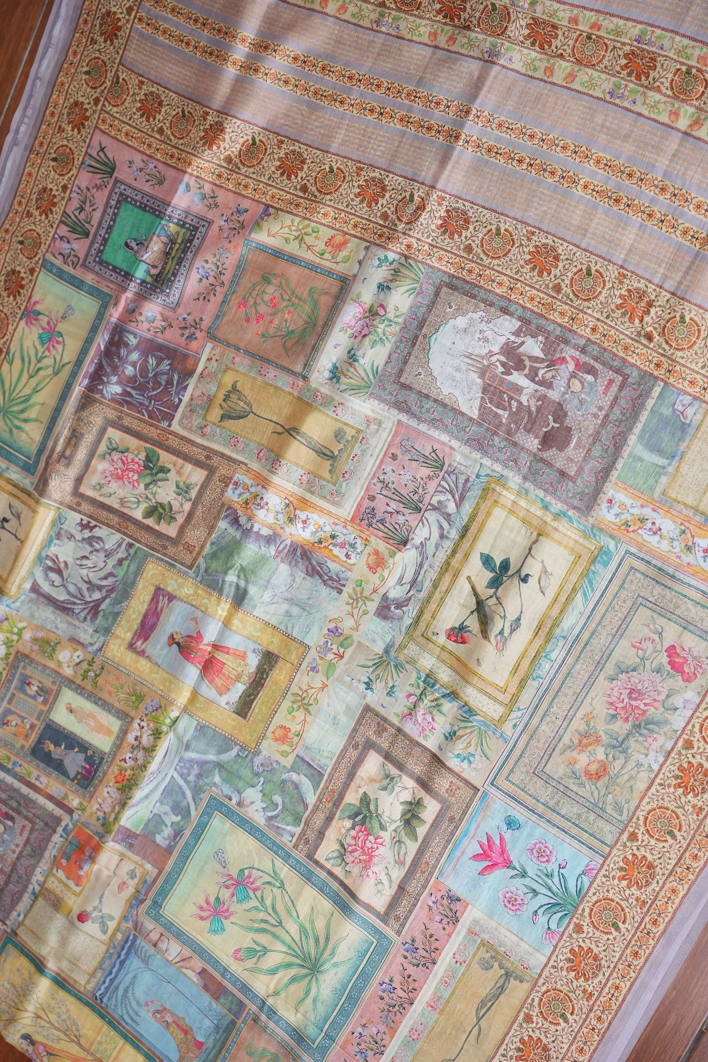 Tussar Silk Saree with Vintage Botanical Digital Print – Pastel Multicolour