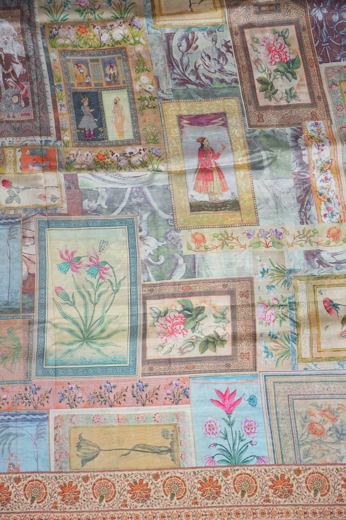 Tussar Silk Saree with Vintage Botanical Digital Print – Pastel Multicolour