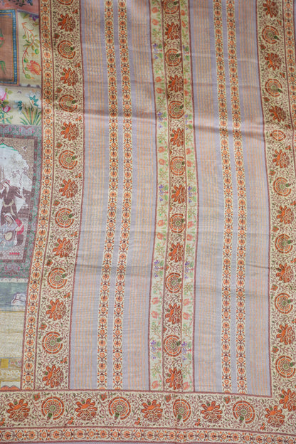 Tussar Silk Saree with Vintage Botanical Digital Print – Pastel Multicolour