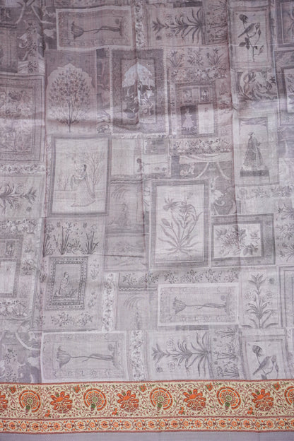 Tussar Silk Saree with Vintage Botanical Digital Print – Pastel Multicolour