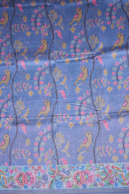 Tussar Silk Saree with Floral & Bird Kalamkari Digital Print – Powder Blue
