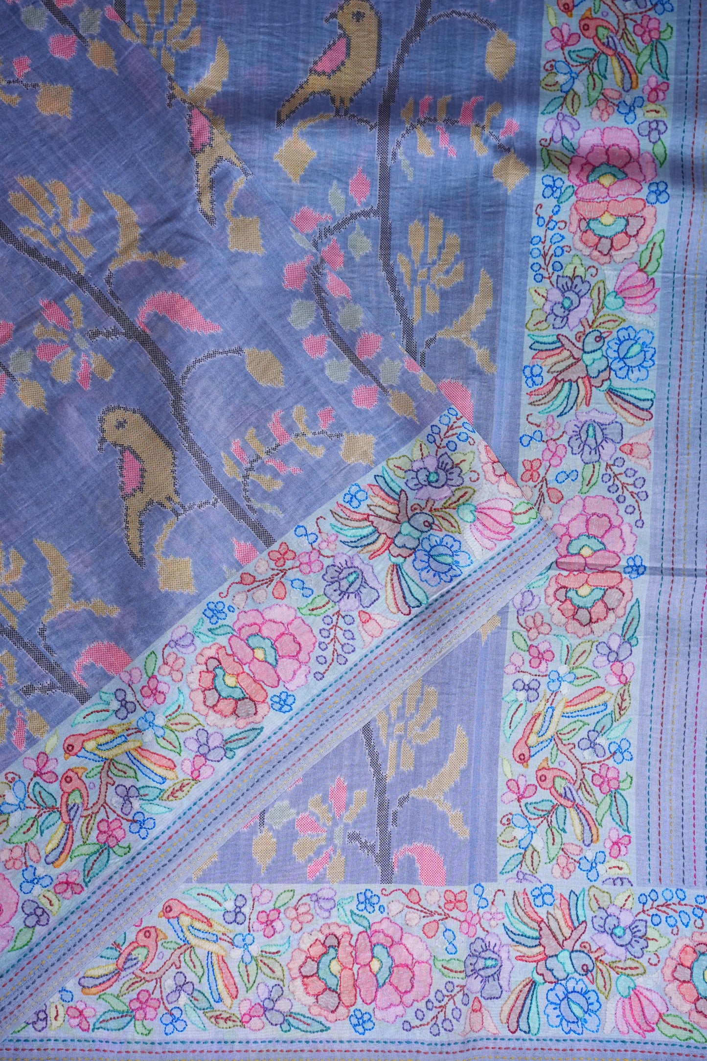 Tussar Silk Saree with Floral & Bird Kalamkari Digital Print – Powder Blue