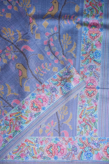 Tussar Silk Saree with Floral & Bird Kalamkari Digital Print – Powder Blue