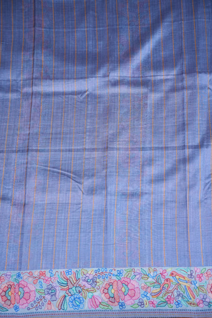 Tussar Silk Saree with Floral & Bird Kalamkari Digital Print – Powder Blue